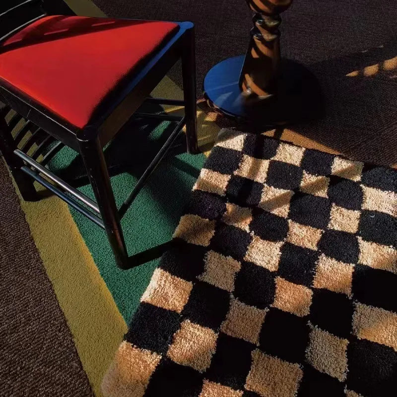 tapis noir beige carreaux géométriques polyester flocage antidérapant classique salle bain cuisine maison pique