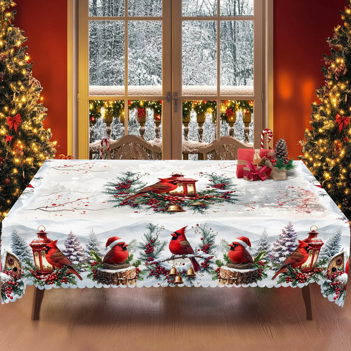 nappe table noël oiseaux houx cloches festive traditionnelle imperméable polyestre blanc rouge verte