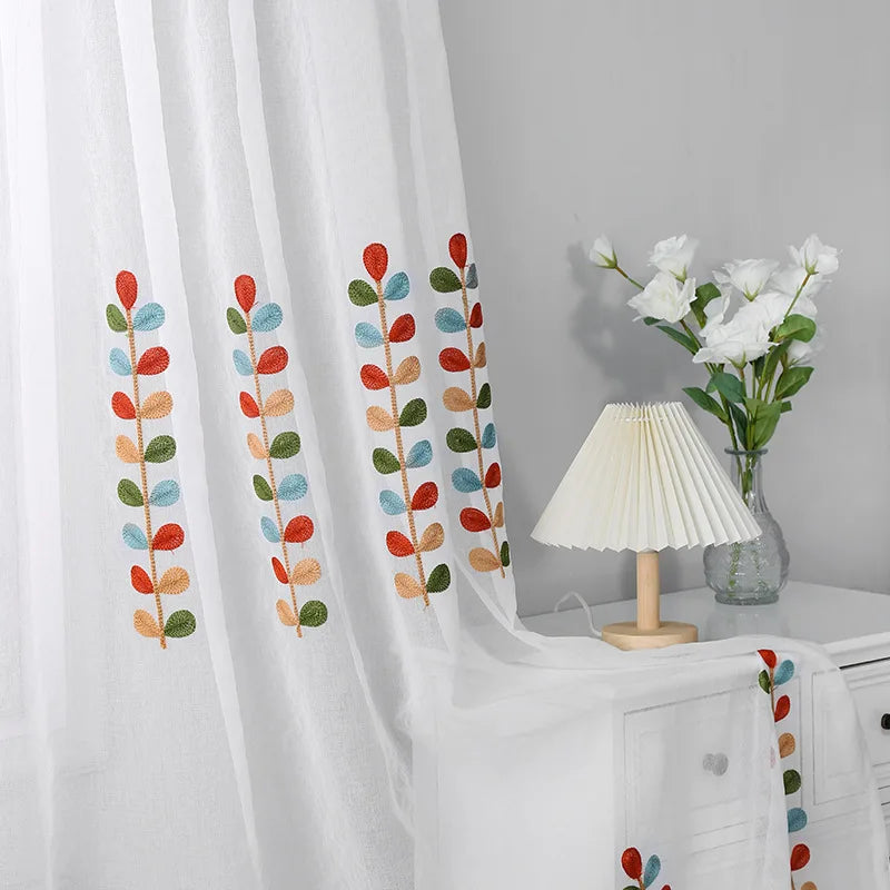 rideaux brodés floral japonais polyester translucides blanc rouge vert orange bleu salon