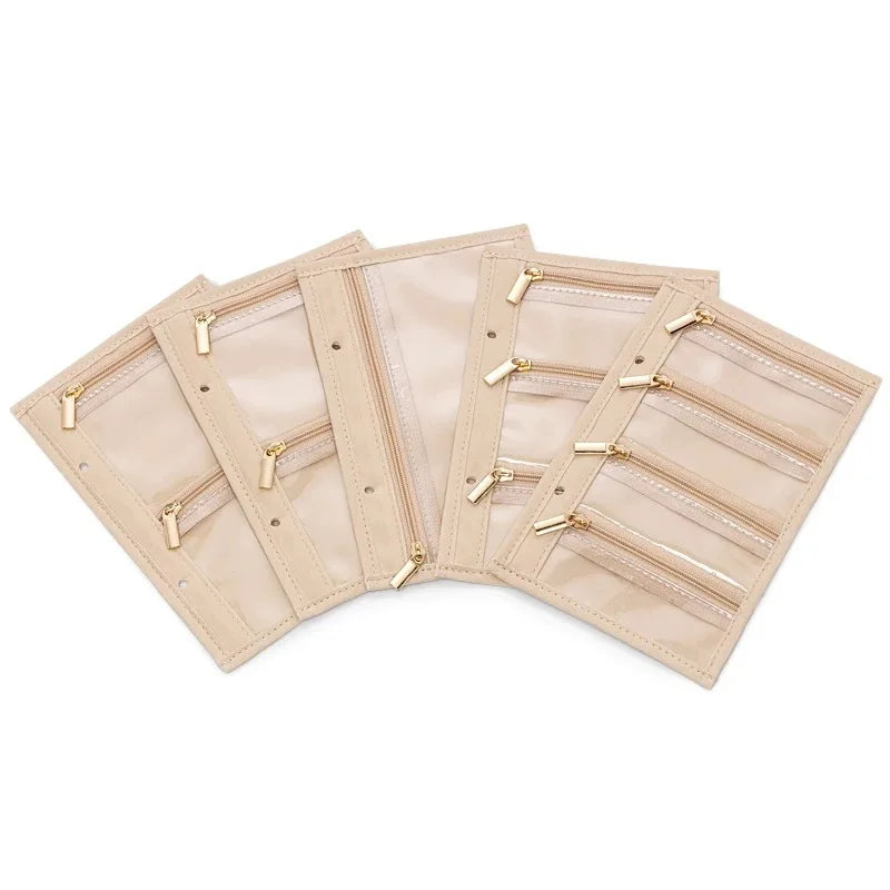 porte bijoux moderne simili cuir zips transparents beige clair boucles d'oreilles colliers bracelets montres