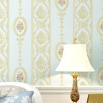 papier peint classique baroque fleurs roses beige rose clair bleu clair vertical adhésif imperméable