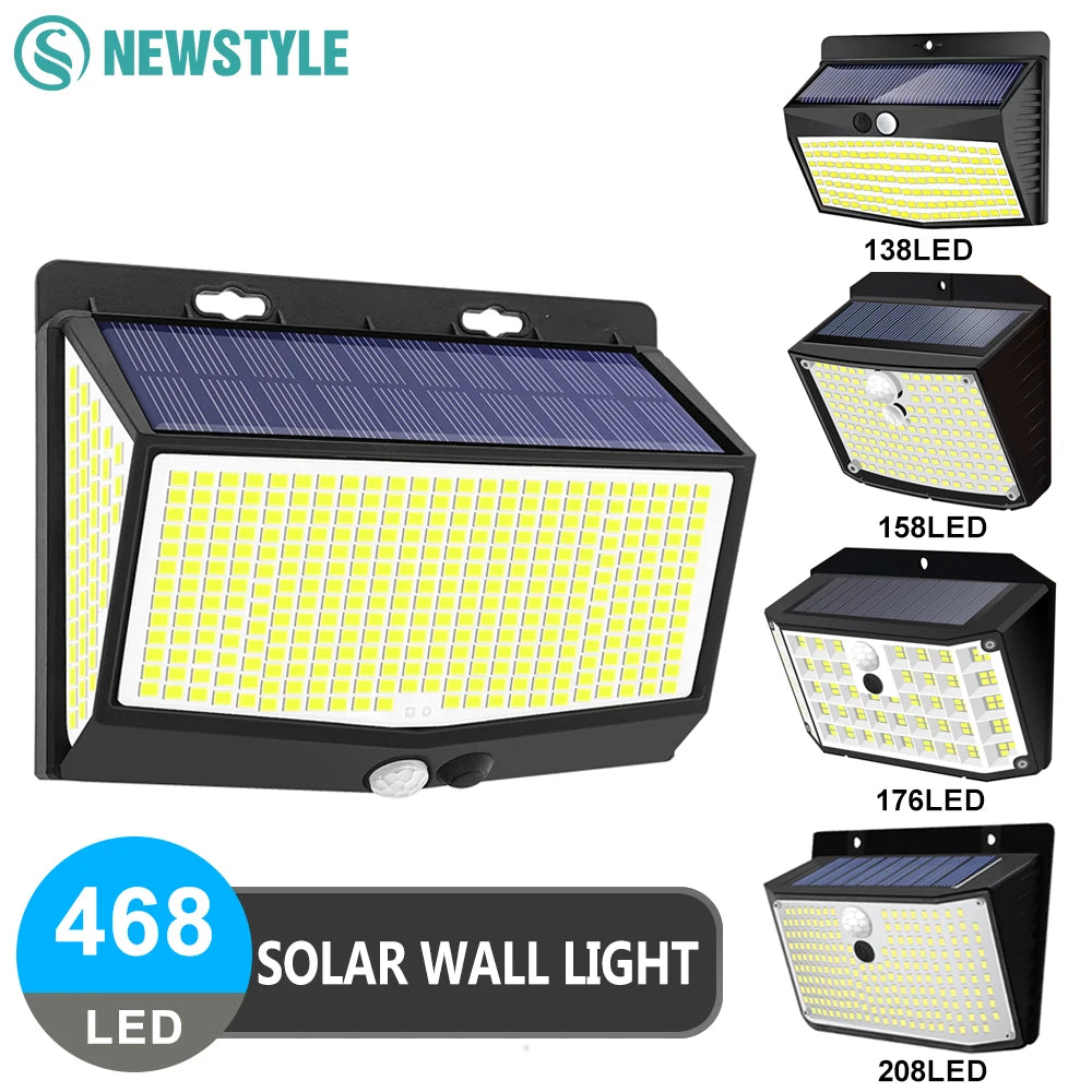 lampe murale solaire 468 led noir ip65 moderne détecteur mouvement autonomie 8mètres