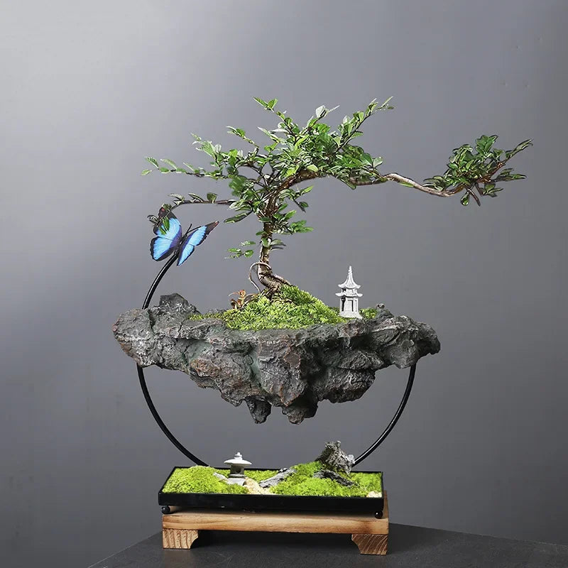 Bonsaï miniature artificiel feuilles vertes roche grise papillon bleu support métallique intérieur décoration vert