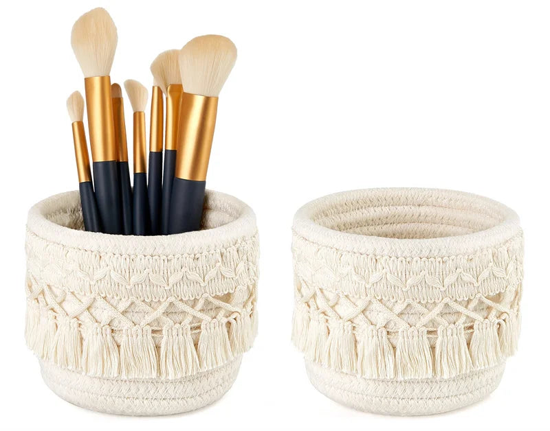 paniers rangement boho macramé franges brosses pinceaux cosmétiques toile réutilisable