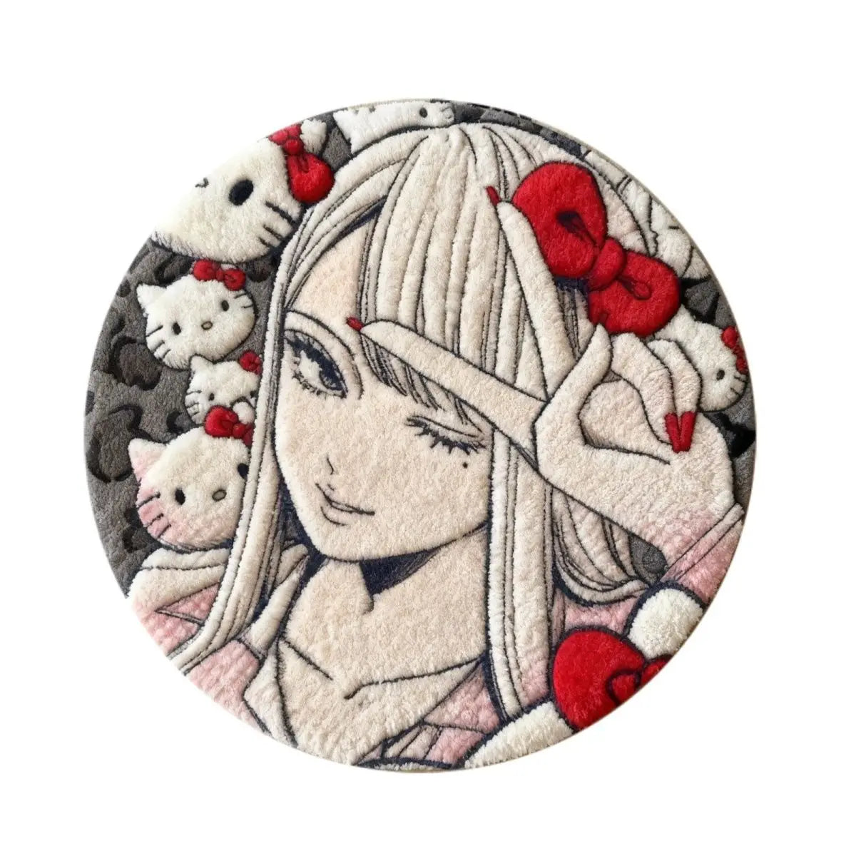 tapis rond motif hello kitty rouge blanc velours meuble decor kawaii moderne chambre adolescente