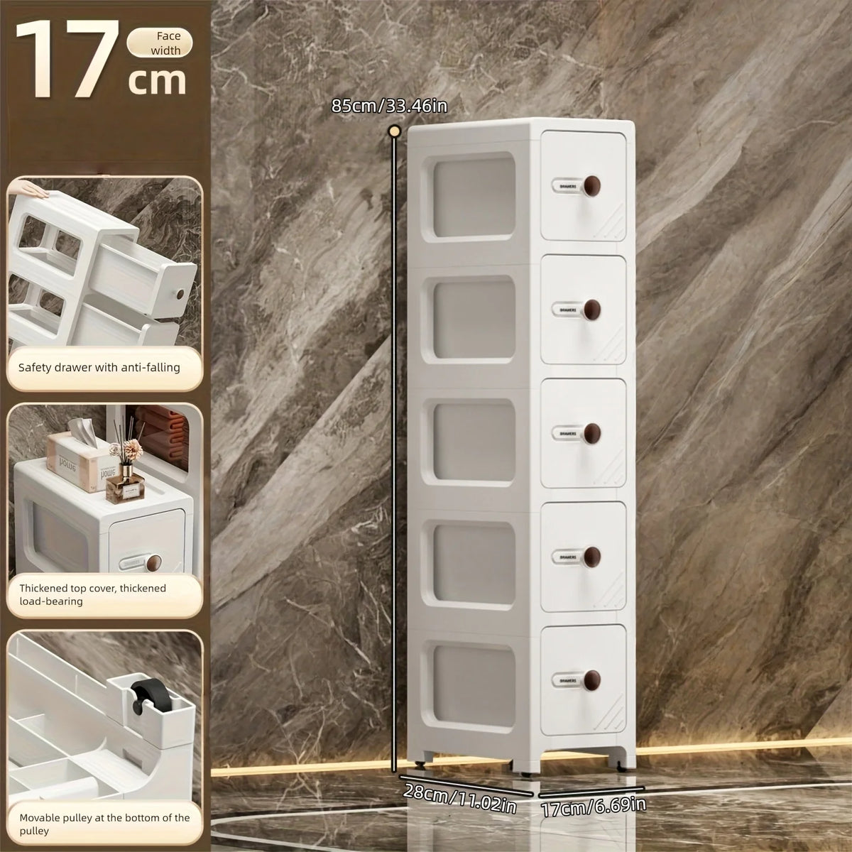 meuble rangement blanc moderne tiroirs transparents rayures diagonales noires pliable porte bouteilles cosmétiques