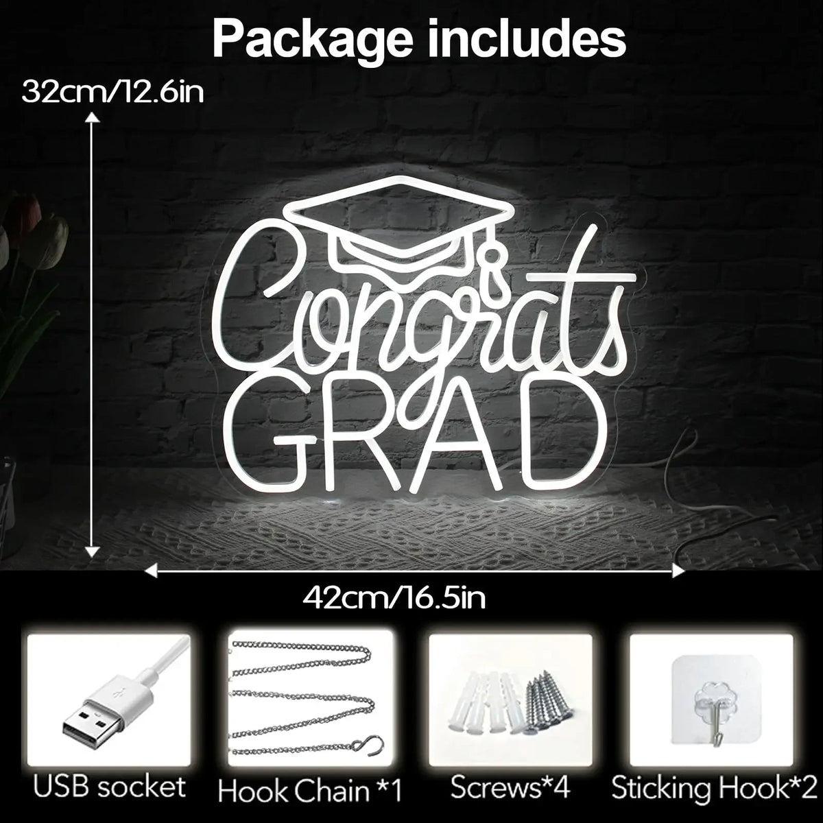 néon lumineux Congrats Grad moderne blanc inscription diplôme accessoire décoration USB powered