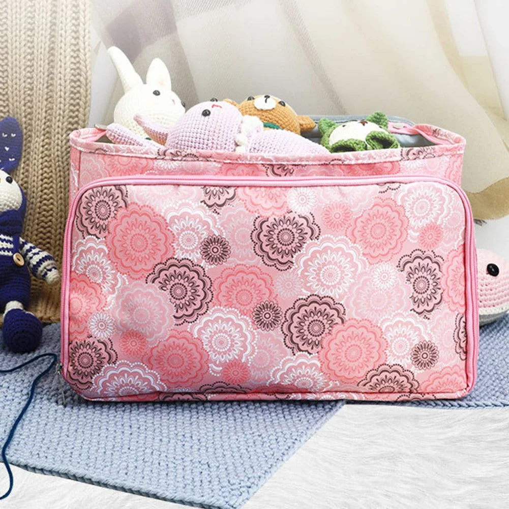Sac couture rose imprimé floral poignées aiguilles crochets outils rangement 40cm 21cm 22cm