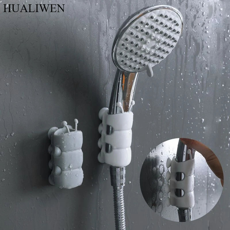 support pommeau douche silicone blanc gris clair moderne minimaliste adhésif flexible métallique rangement salle