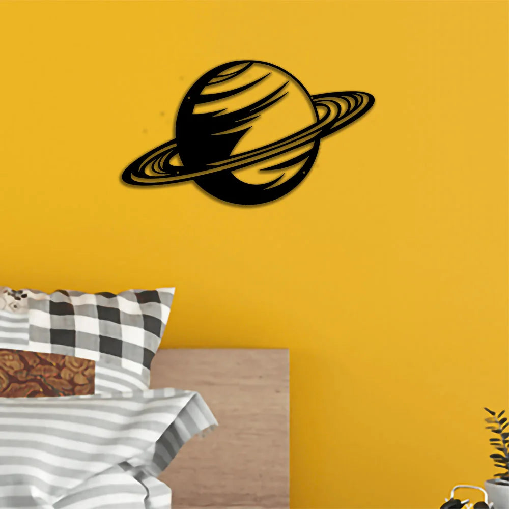 décoration murale plaque métal noir planète saturne moderne abstraite chambre enfant bar