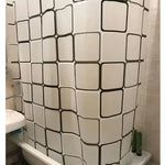 rideaux douche moderne blanc noir bleu motifs géométriques semi transparent anneaux respectueux environnement