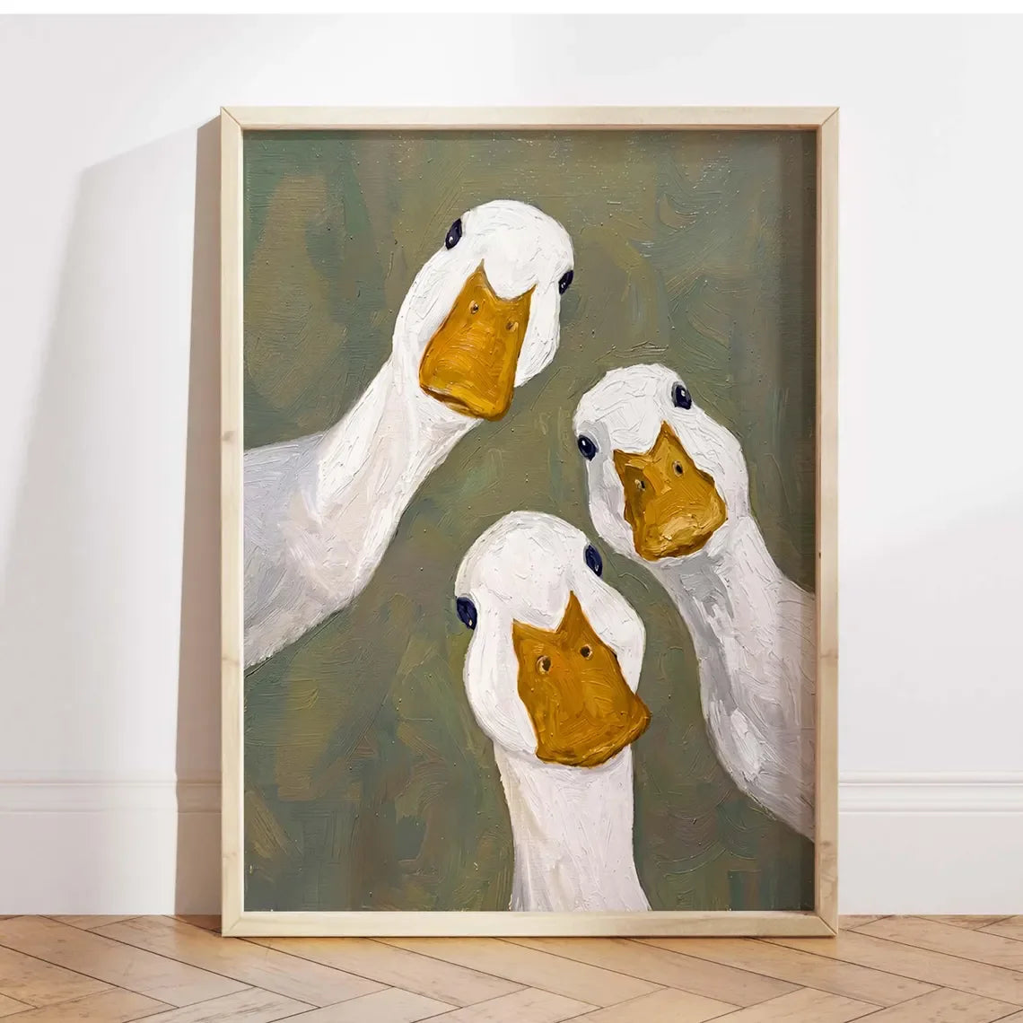 tableau peint trois canards blancs jaune verte art contemporain décoration salle bain chambre farmhouse