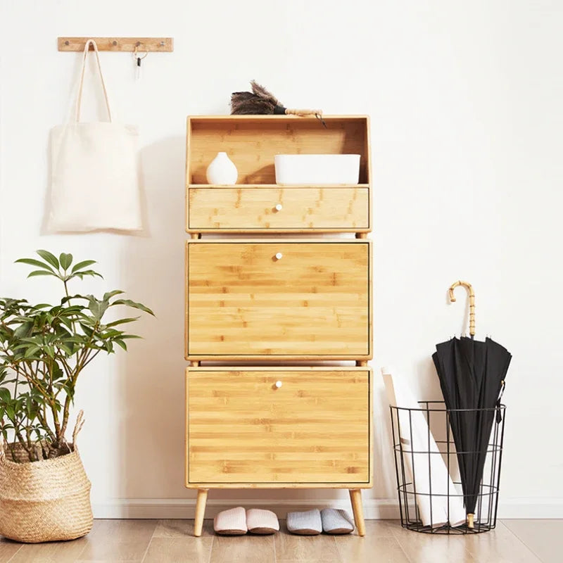 organisateur porte chaussures minimaliste moderne bambou tiroirs étagères inclinables multifonctionnels