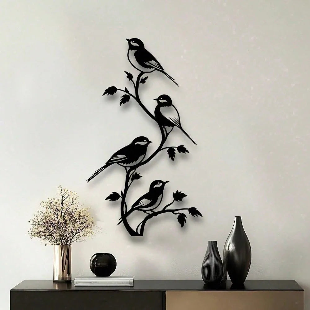 décoration murale oiseaux silhouettes feuilles métal noir blanc minimaliste nature