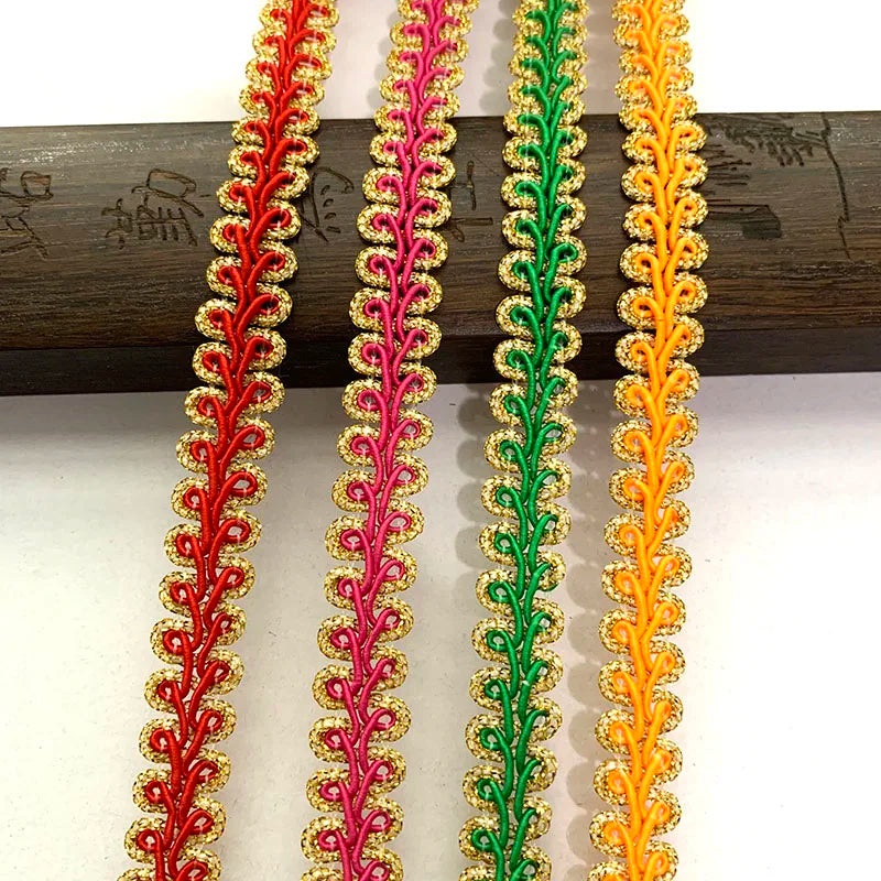 ruban décoratif dentelle polyester 1.4cm large blanc or rouge rose vert orange bleu motif
