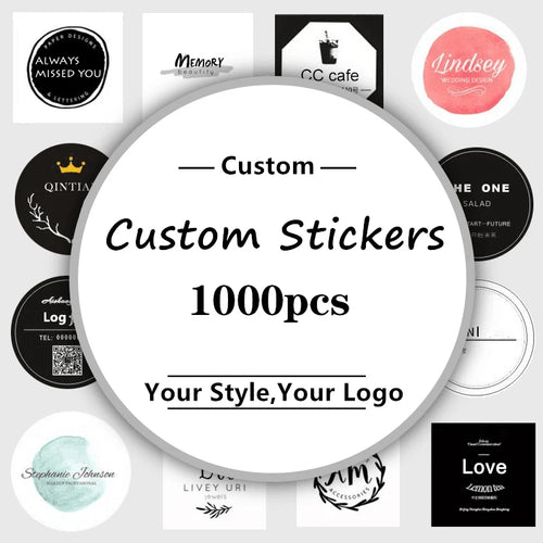 stickers personnalisables modernes couleurs noires blanches minimalistes textes logos qr codes personnalisés tailles variées