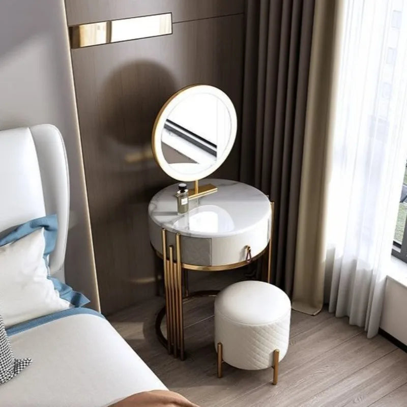 coiffeuse miroir pivotant tabouret assorti blanc gris doré moderne luxueux