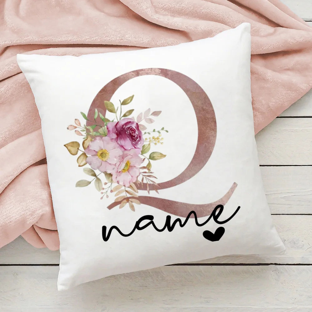 taie d'oreiller motif floral rose lettres initiales respectueux environnement moderne blanc