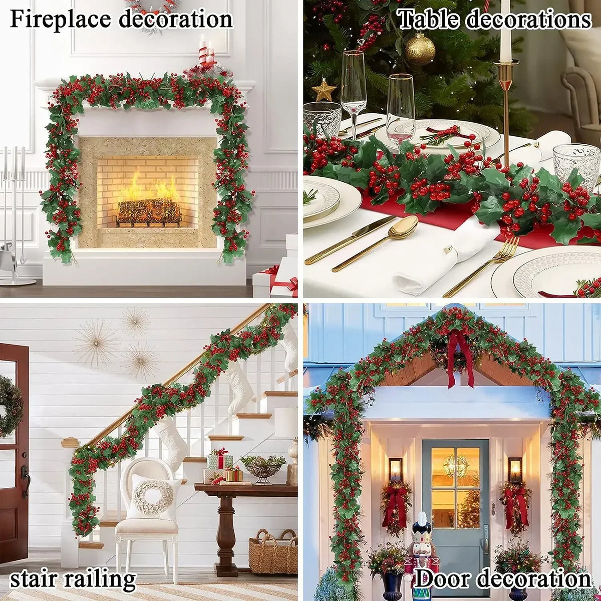 guirlande noël baies rouges feuilles vertes décoration intérieure noël traditionnelle festive adhésive naturelle artificielle