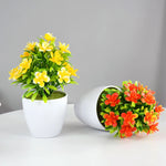 plantes artificielles bonsaï violettes rouges jaunes blanches pot blanc mousse verte décoration moderne extérieur