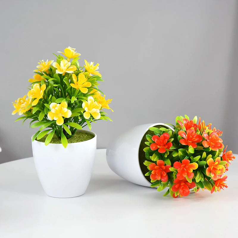 plantes artificielles bonsaï violettes rouges jaunes blanches pot blanc mousse verte décoration moderne extérieur