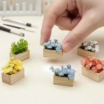 miniature plante artificielle pot bois fleur violet rose jaune bleu