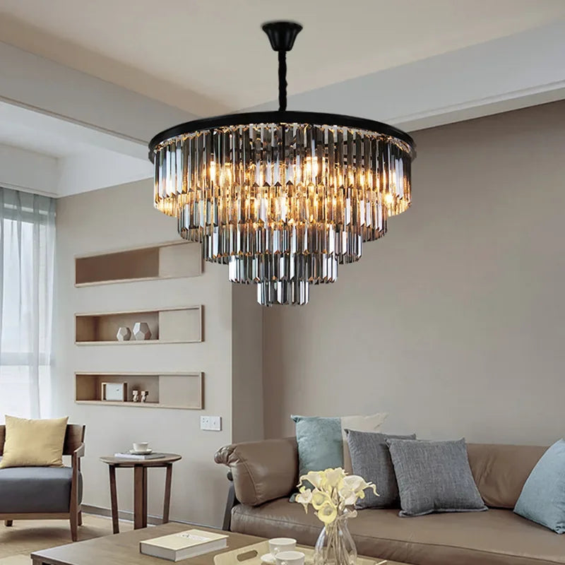 lustre led moderne élégant cristal transparent doré rangs pendants chaines noires