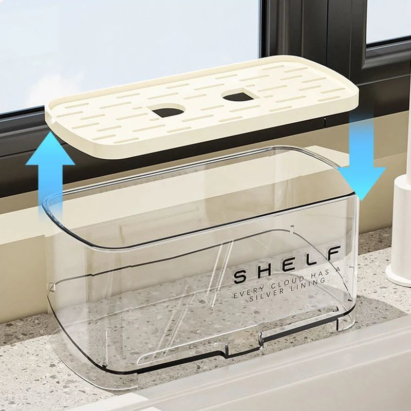 rangement cuisine étagère transparente moderne brosse vaisselle éponge détergent adhésif minimaliste