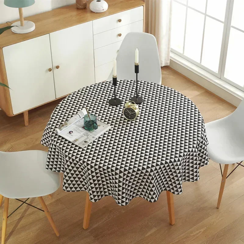 nappe table ronde motif géométrique moderne jaune gris bleu vert blanc décoration maison