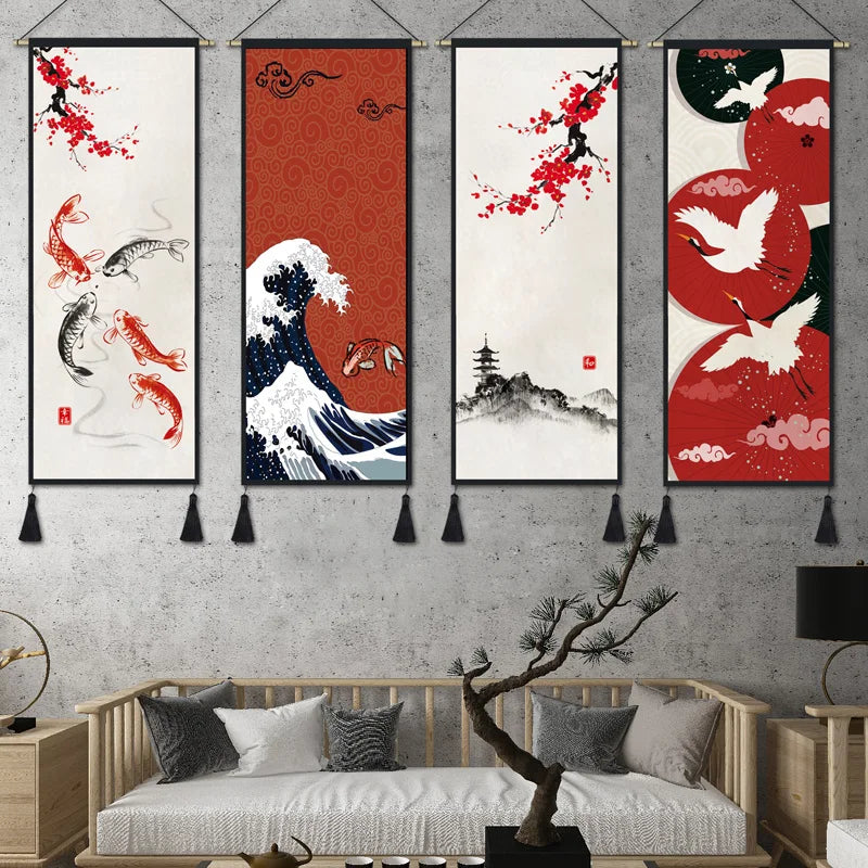 tapisserie suspendue japonaise grande vague montagne fuji décoration murale salon art oriental traditionnel