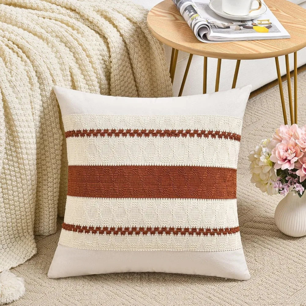 taies d'oreiller boho rayures horizontales beige bleu marine coussins lit non toxiques