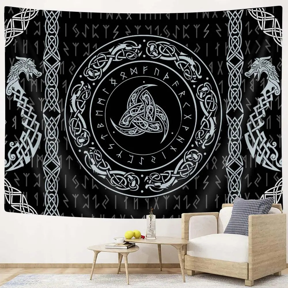 tapisserie art celtique motifs géométriques noirs blancs arbre vie runes oiseaux nordique salon
