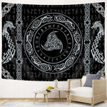 tapisserie art celtique motifs géométriques noirs blancs arbre vie runes oiseaux nordique salon