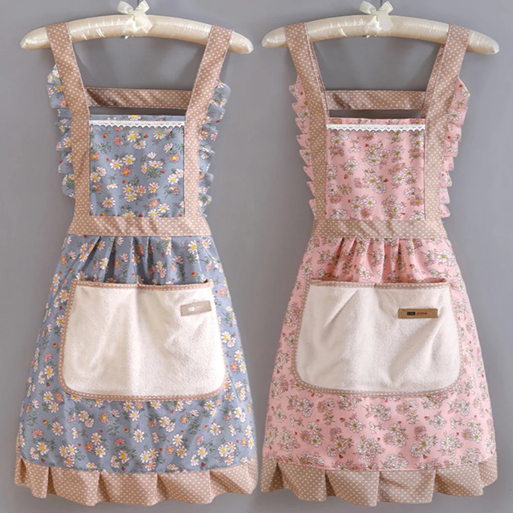 tablier coton fleurs rose vert clair poche élastique vintage romantique élégant travaux maison cuisine
