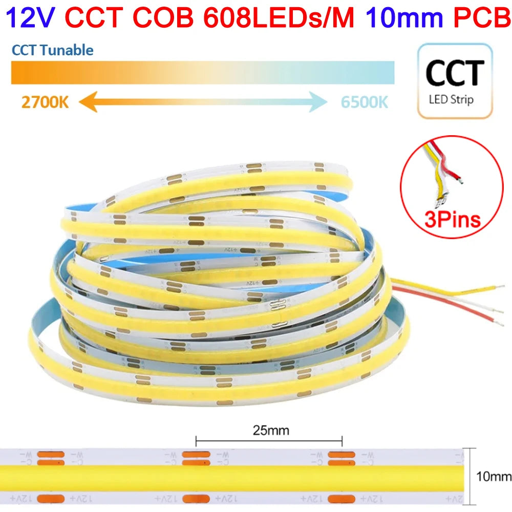 ruban led cob 12v 24v blanc jaune 50000h adhésif moderne 8mm 10mm lisse