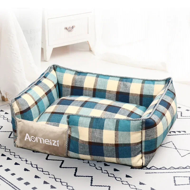lit chien tissu doux carreaux gris blanc coussin matelas confortable amovible lavable intérieur