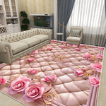 Le tapis 3D au sol représente un motif de roses roses sur un fond de pavés en relief, créant une atmosphère élégante et raffinée dans cette pièce de vie.