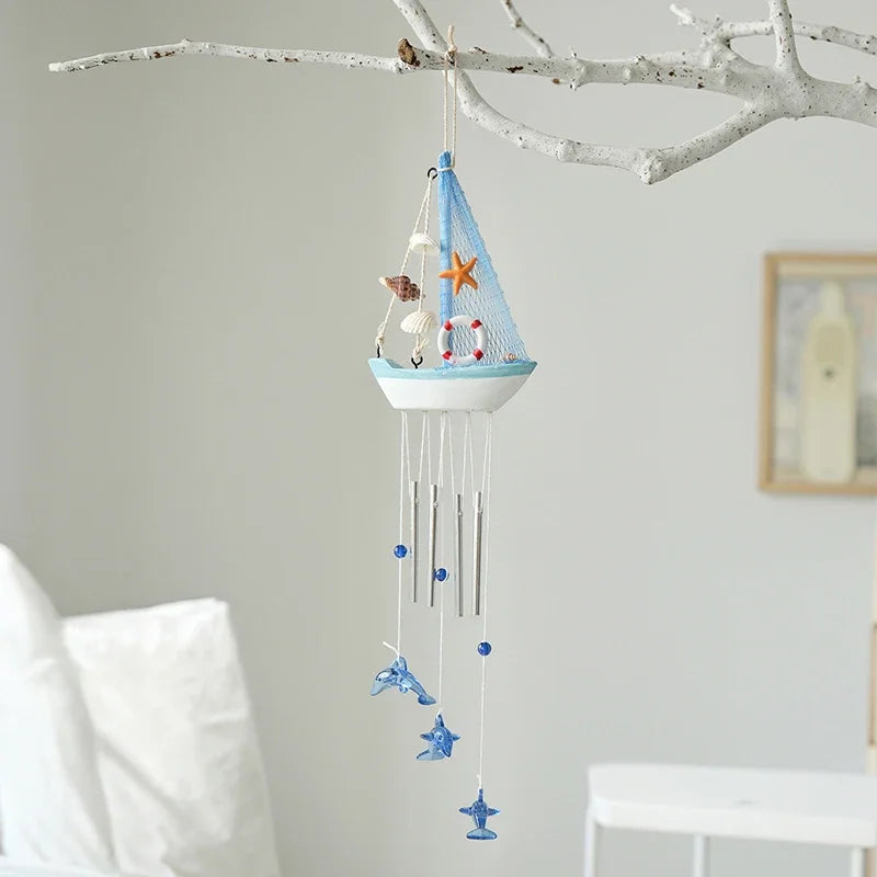 mobiles decoratifs bois motifs marins bleu blanc orange coquillages etoiles mer bouee suspendus