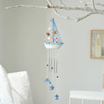 mobiles decoratifs bois motifs marins bleu blanc orange coquillages etoiles mer bouee suspendus