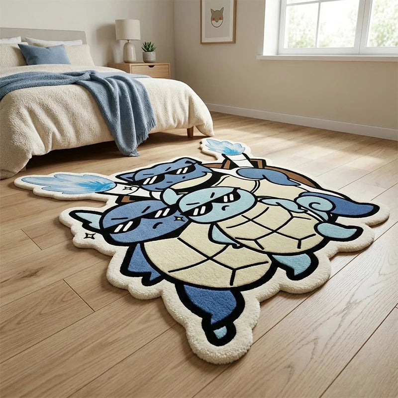 tapis dessin animé pokemon squirtle squad bleu blanc beige marron géométrique cartoon antidérapant chambre
