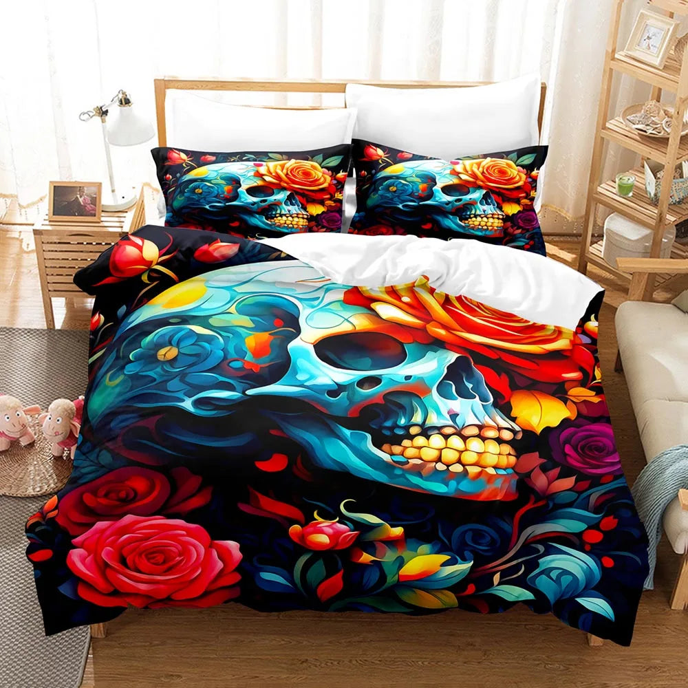 ensemble literie housse couette taies d'oreiller squelette crâne roses halloween motif artistique