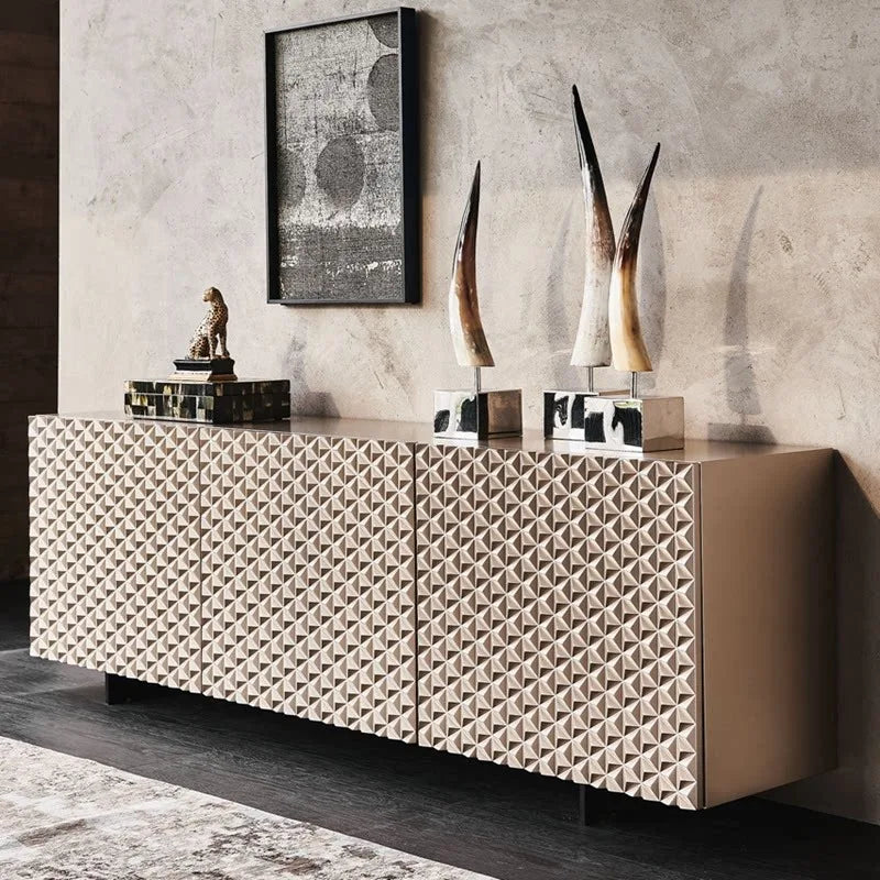 meuble rangement moderne armoire beige clair motif géométrique relief pieds simple