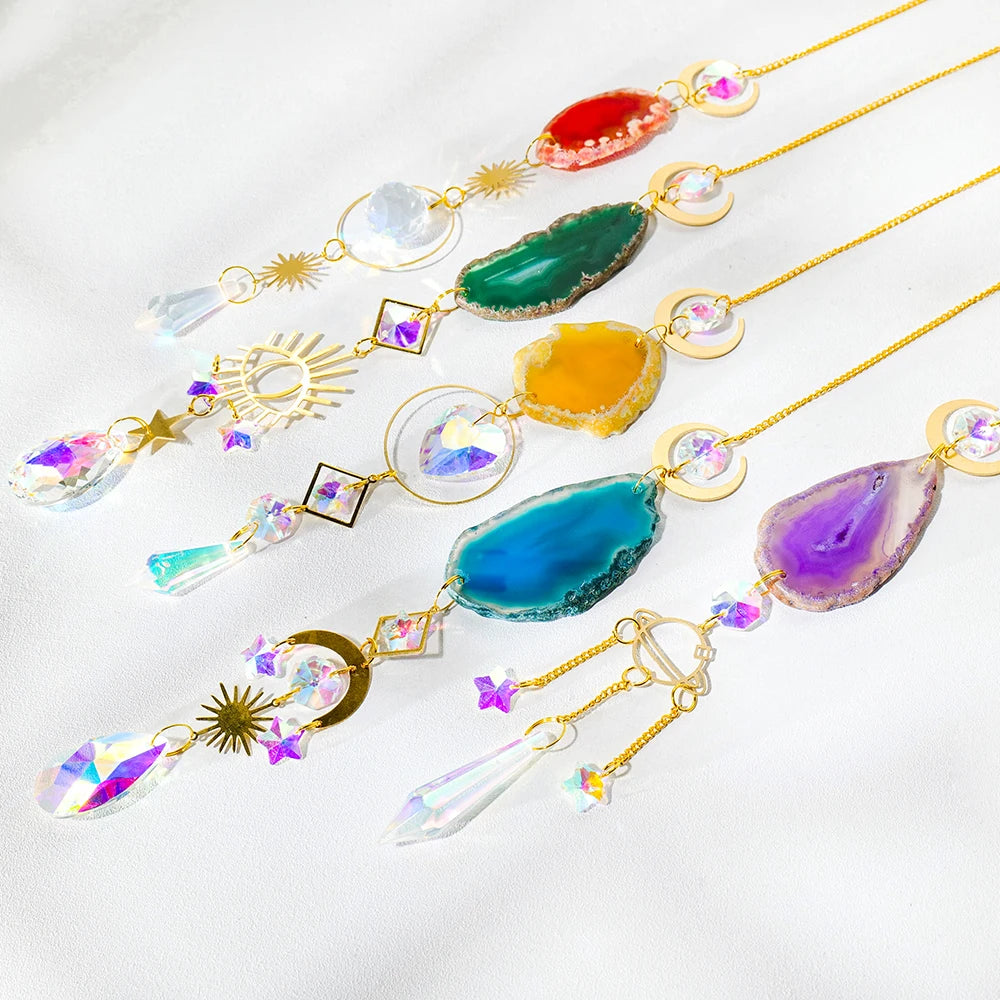 pendentif agate boho chic cristal multicolore opalescent lune soleil étoile