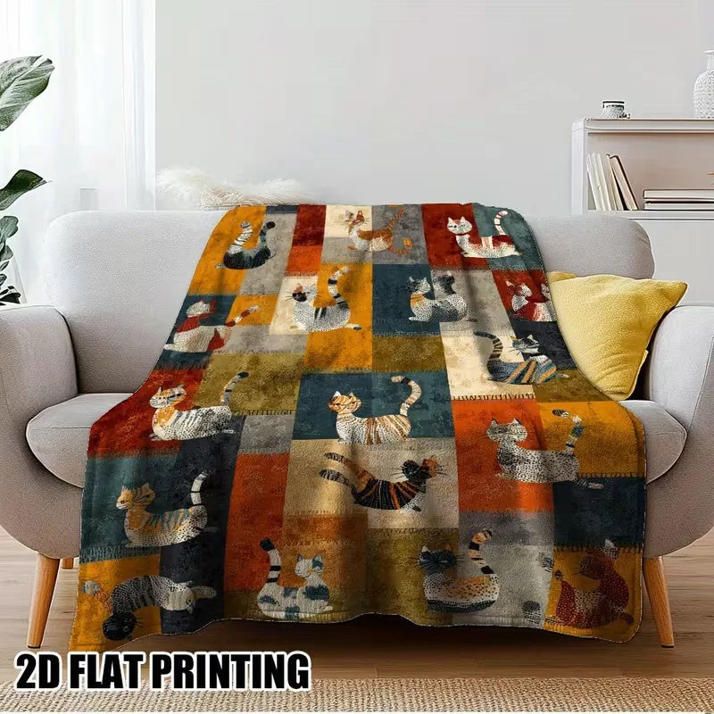 couverture polaire patchwork chats fleurs multicolore 100 polyester douce maison 130x150cm