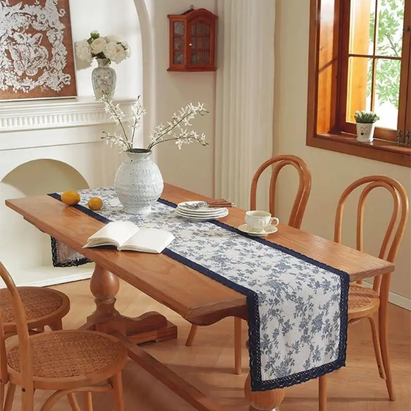 nappe table motif floraux coton polyester rustique beige bleu foncé dimensions variées