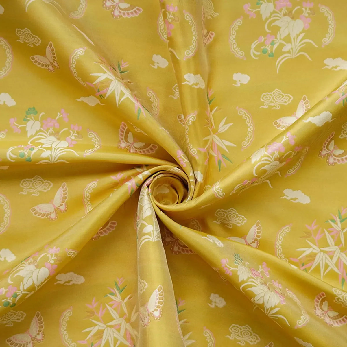 tissu jaune doré motifs floraux brocart polyester largeur 165cm couture traditionnel asiatique