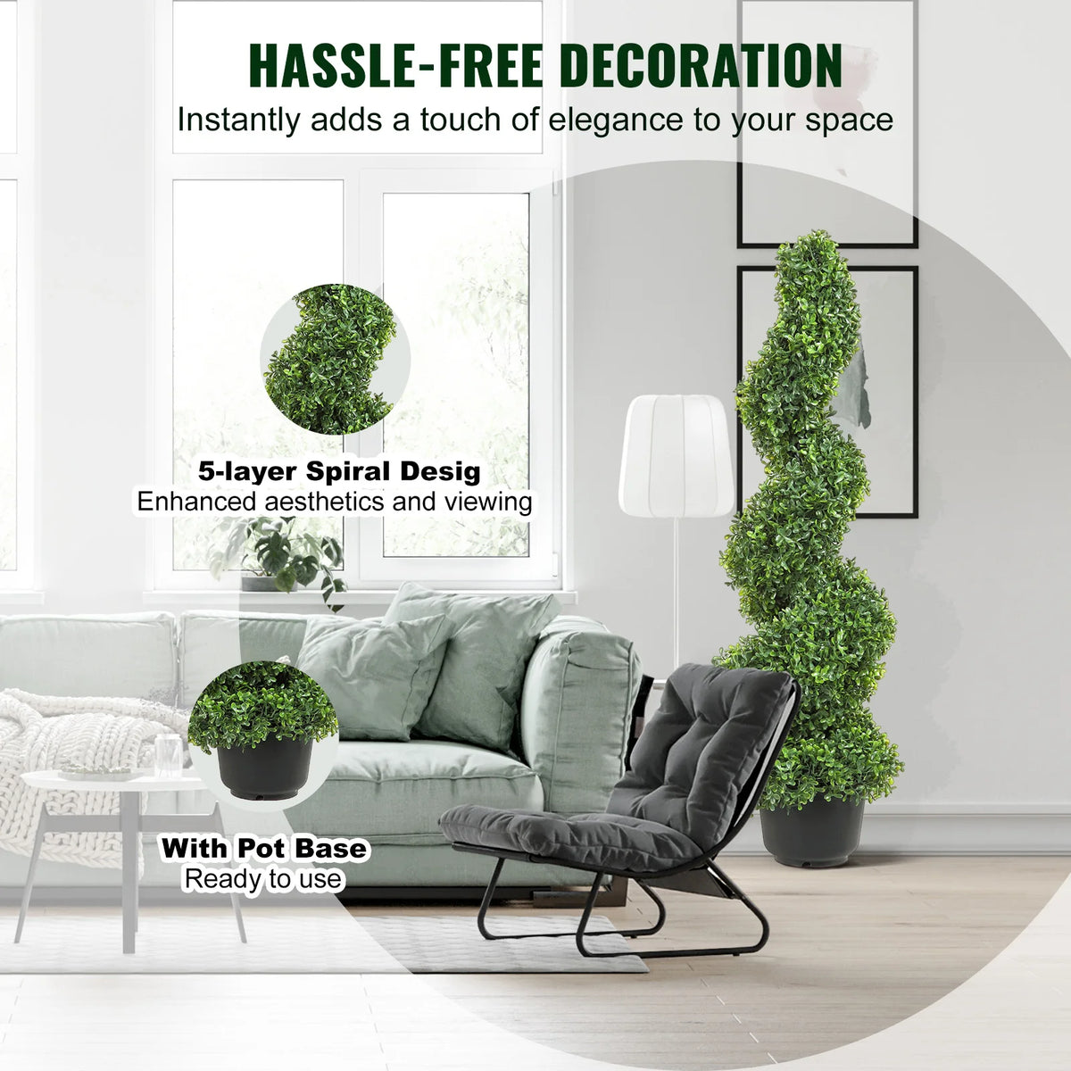 topiaire artificielle feuilles rondes dense moderne pot noir extérieure verte grande hauteur decoration