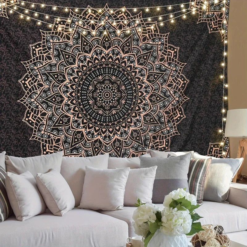 tapisserie mandala boho chic noir blanc rose doré géométrique living bedroom entryway coffee tea