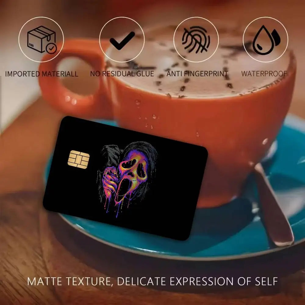 autocollants cartes bancaires effet laser pop art masques effrayants multicolores réutilisables