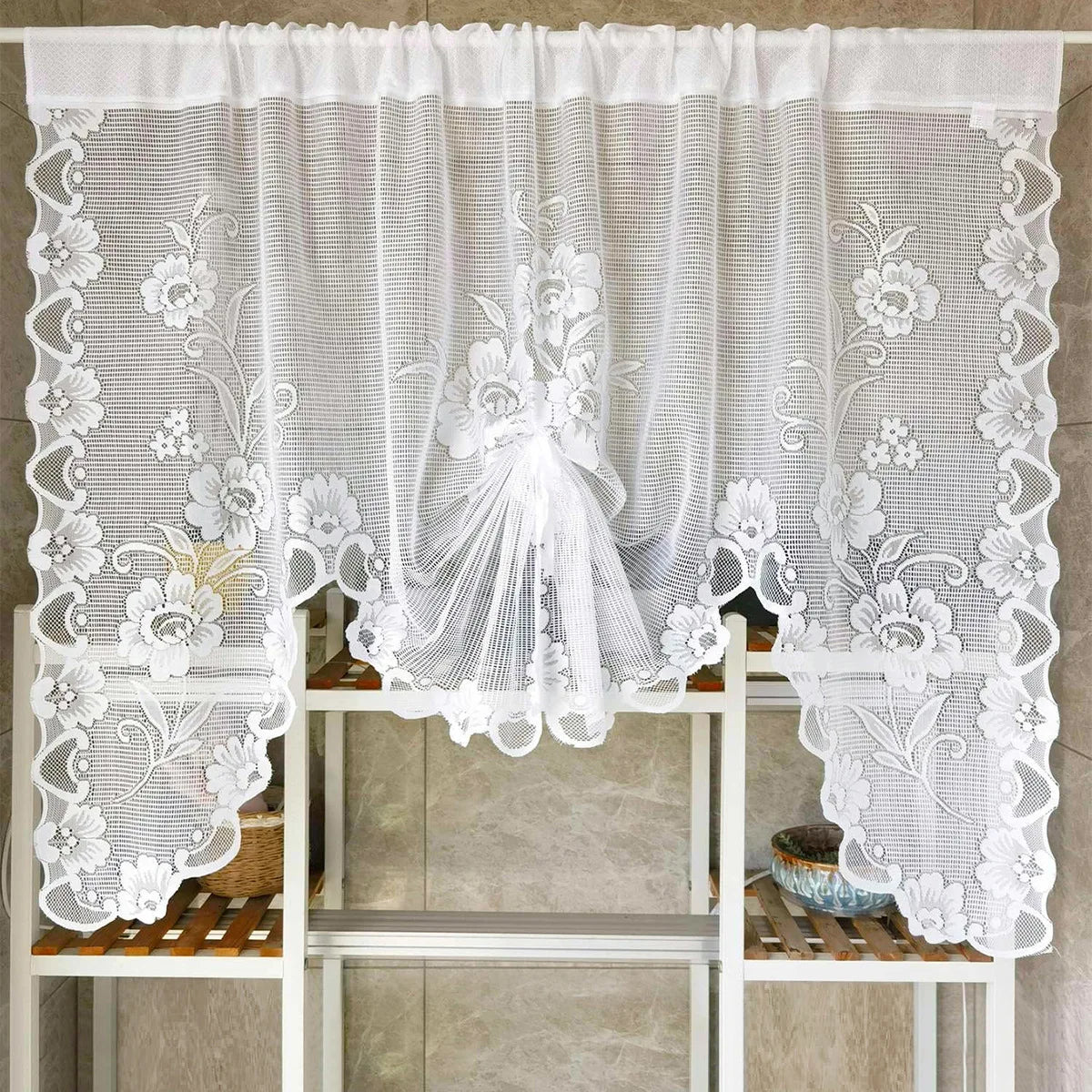 rideau floral transparent polyester blanc dentelle champêtre plissé intérieur extérieur boutiquehôtelcafé